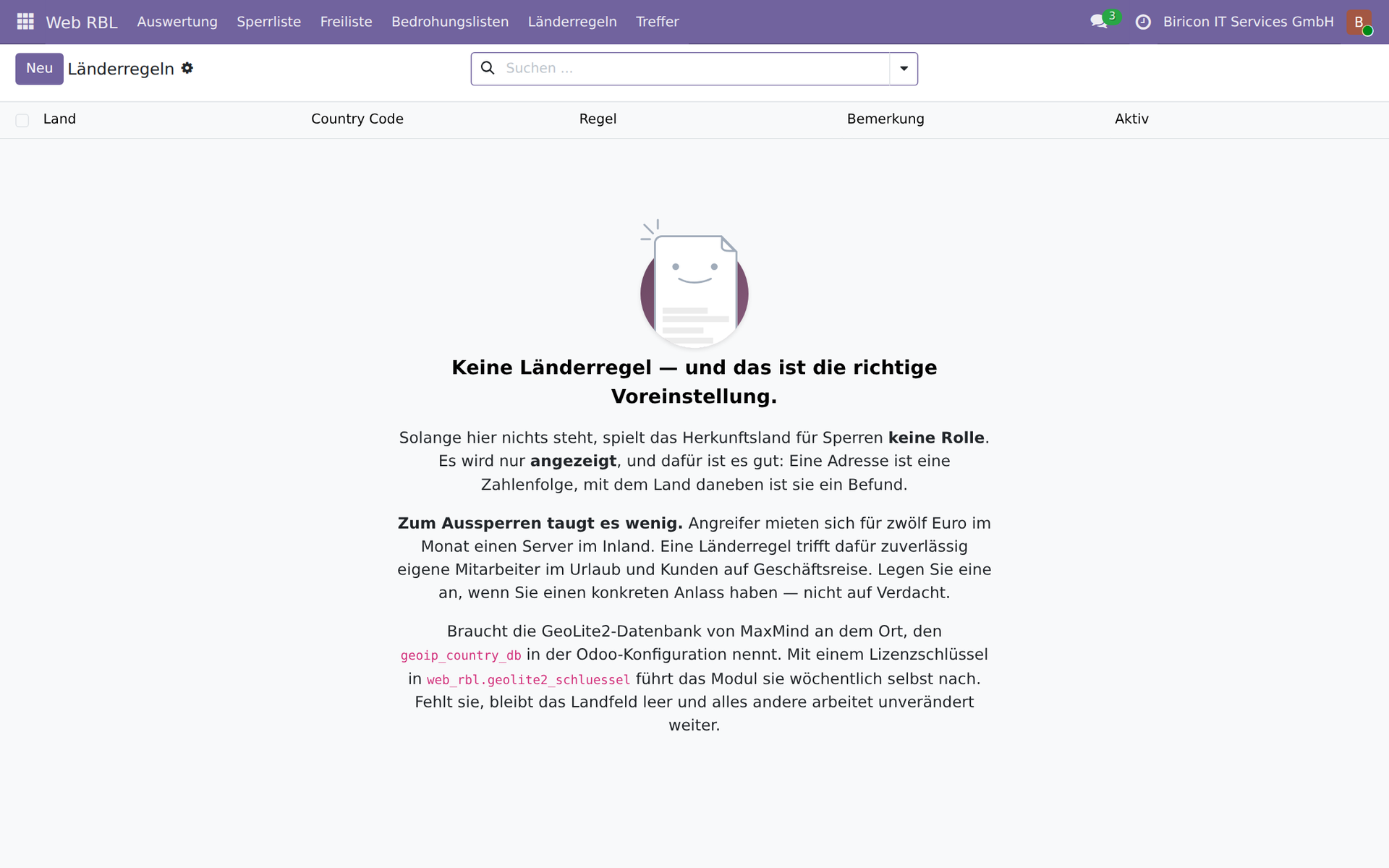 Web RBL Länderregeln: leer ausgeliefert, mit Erklärung