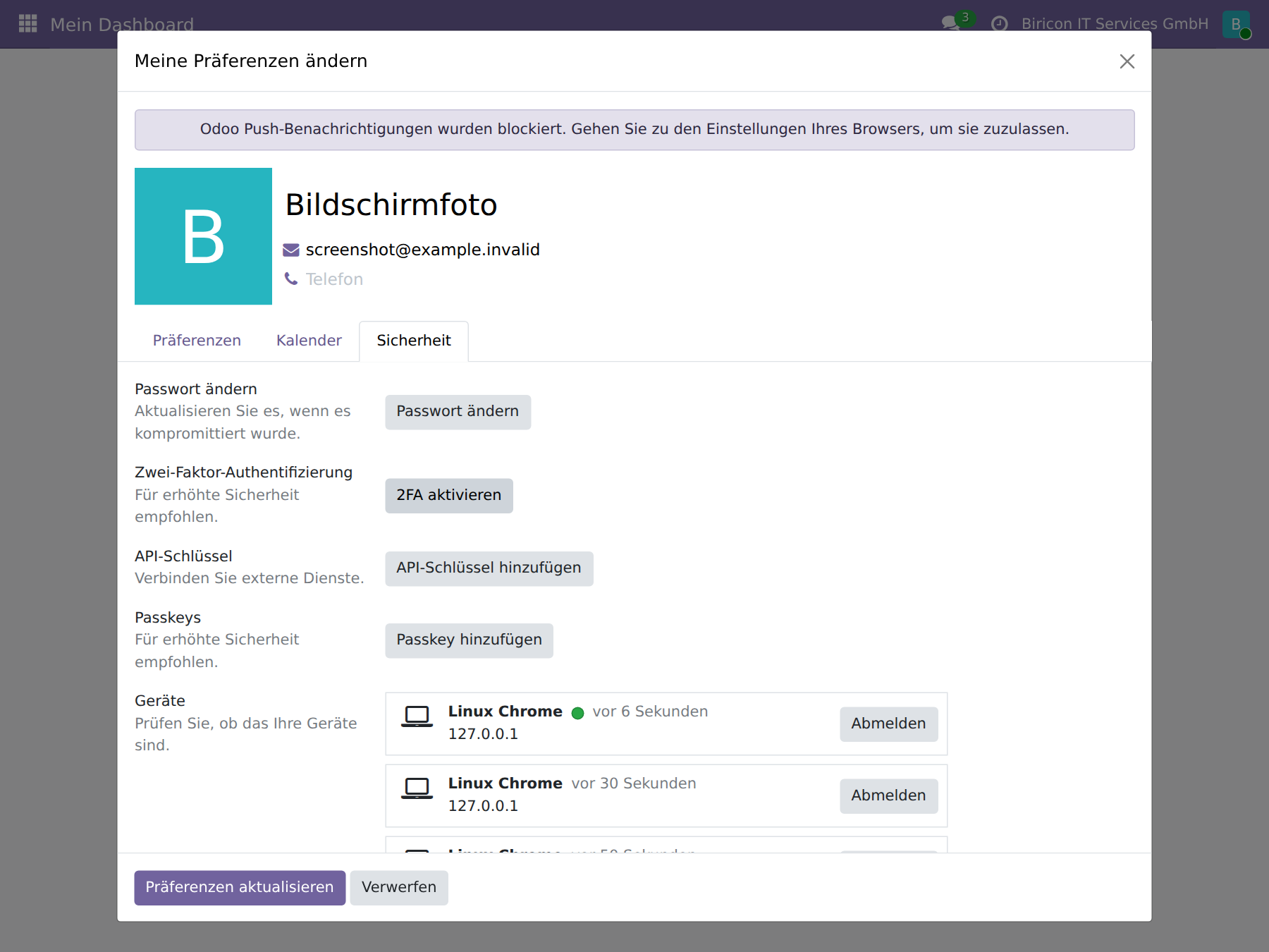Odoo Kontosicherheit: Kennwort ändern, 2FA, API-Schlüssel, Passkeys, angemeldete Geräte
